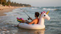 TIL a man in a unicorn pool floaty was fishing near the beach in Fort Lauderdale when he hooked a 10-foot shark that proceeded to drag him four miles offshore in his floaty. He was eventually rescued by the crew of a larger fishing vessel who were baffled at the situation when they happened upon him